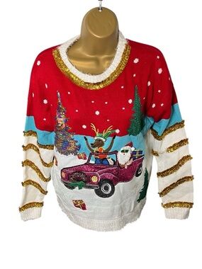 Blizzard Bay Crewneck Ugly Christmas Sweater Embellished Santa Red S